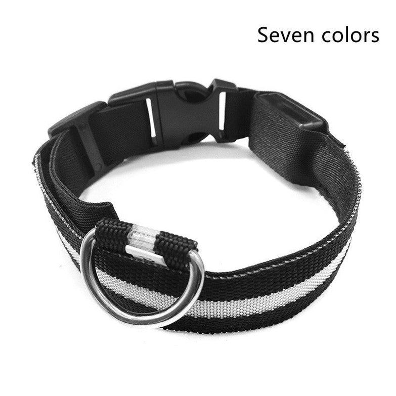 Nylon LED pet dog collar in black, adjustable night safety flashing glow, available in seven colors.