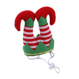 Pet Christmas dress-up dog hat with red and white stripes, green trim, and adjustable elastic band.