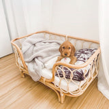 Handmade rattan woven pet bed sofa with a cozy blanket and dog.