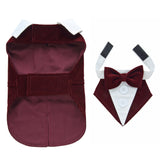 Pet supplies clothing dog dress tuxedo in maroon polyester with bow tie.