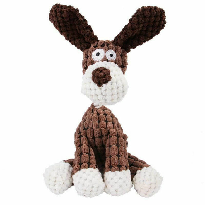 Plush dog toy for play and chewing with squeaker, durable and soft for clean teeth.