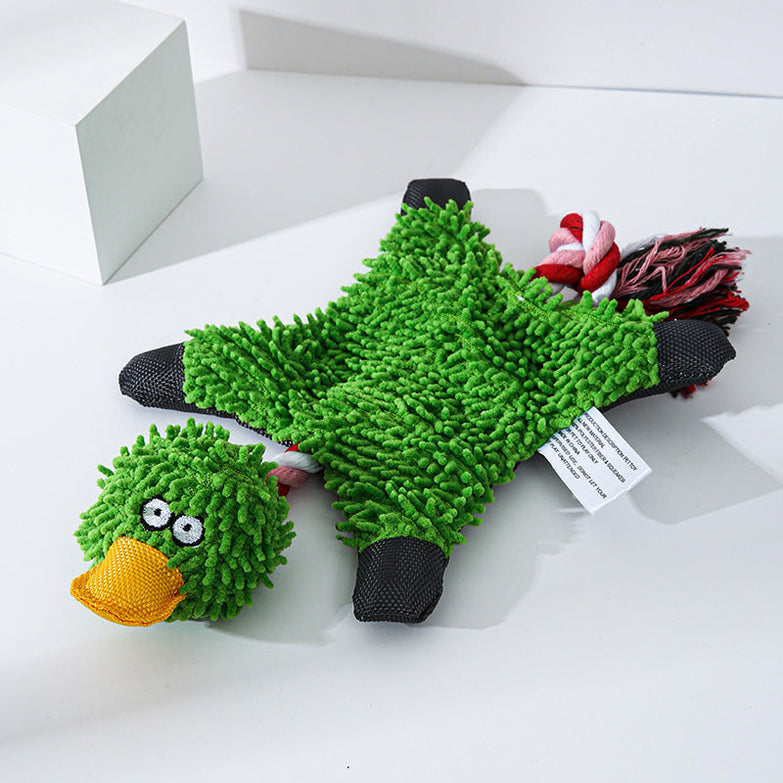 Green mop plush pet toy shaped like a duck for dogs.