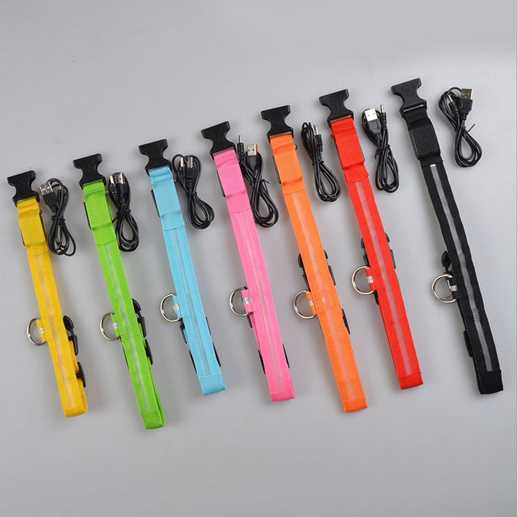 Adjustable Nylon LED Pet Dog Collars in various colors with USB cables, night safety flashing glow design.