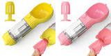 Portable pet water bottle, feeder bowl, garbage bag storage, yellow and pink designs.