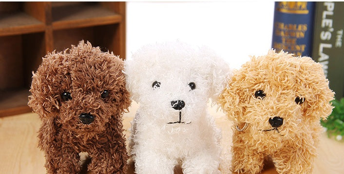 Long-haired pet doll teddy dog toys in brown, white, and tan with plush material.