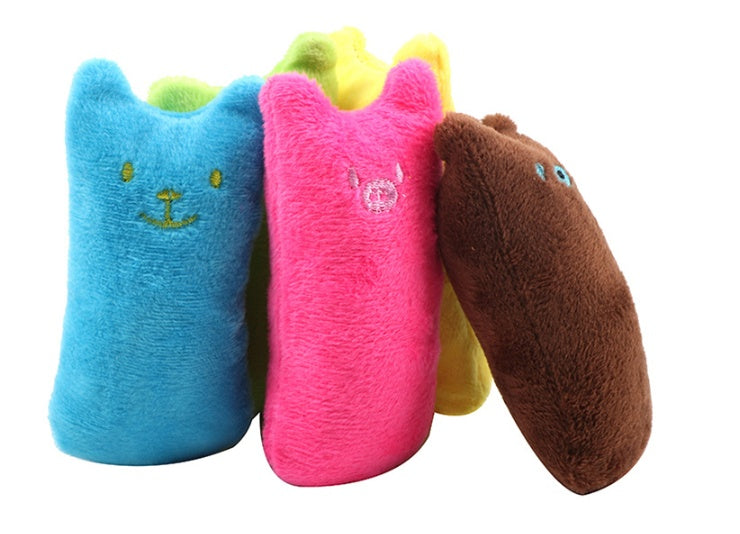 Interactive plush cat toys in blue, pink, and brown for teeth grinding with catnip filling.