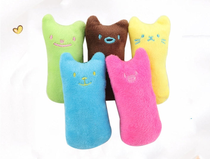 Colorful plush catnip cat toys in various cute designs for interactive play.