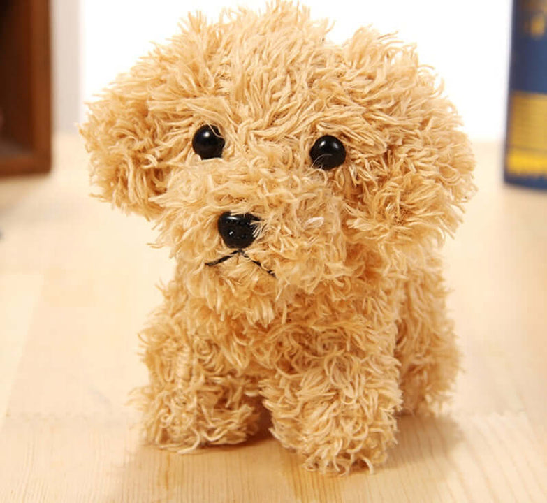 Long-haired teddy dog toy with plush fur, 10cm, for weddings or collections.