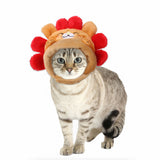 Curly hair pet hat for cats with cartoon pattern and plush material.