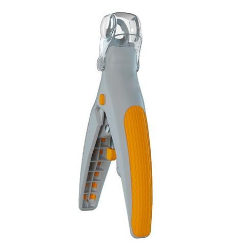 Yellow and gray pet nail trimmer with LED light and magnifying glass for precise cutting.