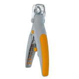 Yellow and gray pet nail trimmer with LED light and magnifying glass for precise cutting.