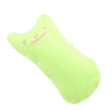 Cute green catnip cat toy pillow for interactive play, made of plush fabric.