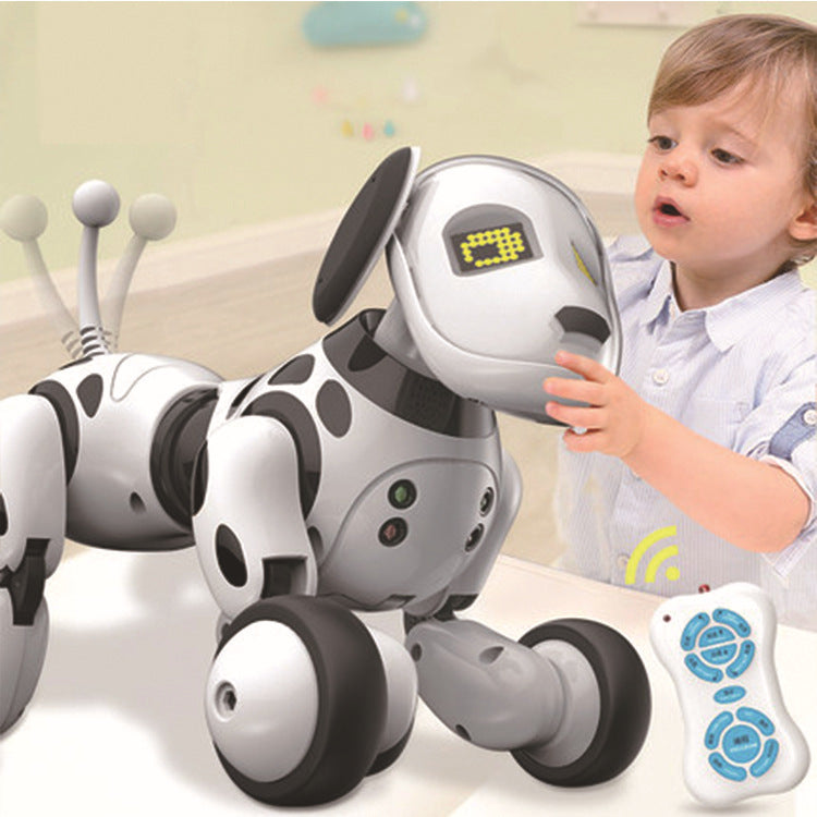 Smart robot dog toy with remote control, child playing; features touch sensing, singing, dancing.