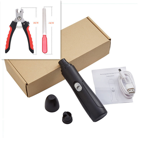 Rechargeable USB pet automatic dog nail grinder with accessories.