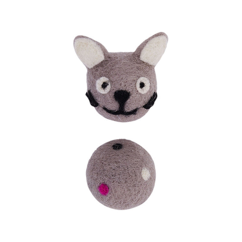 Colorful felt stretch ball cat toy with small bell.