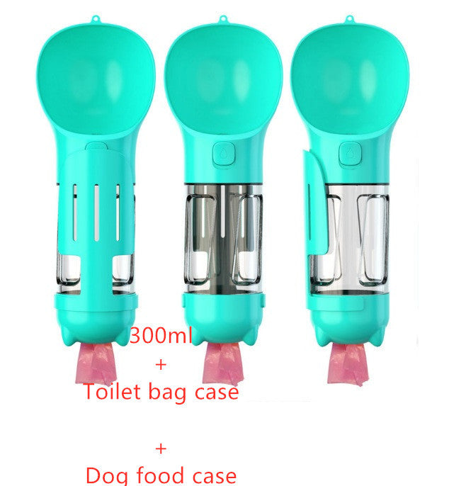 Portable pet water bottle with feeder and garbage bag storage in lake blue; 3-in-1 design; 300ml capacity.