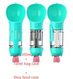 Portable pet water bottle with feeder and garbage bag storage in lake blue; 3-in-1 design; 300ml capacity.