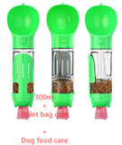 Portable green pet water bottle with integrated food and garbage bag storage, ideal for outdoor travel.