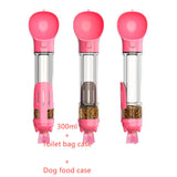 Portable pet water bottle with 300ml capacity, integrated dog food and garbage bag case, pink color.