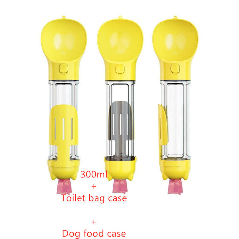 Portable yellow pet water bottle with 300ml capacity, toilet bag, and food case for outdoor travel.