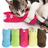 Catnip cat toys in various colors with a cat playing with a pink plush toy.