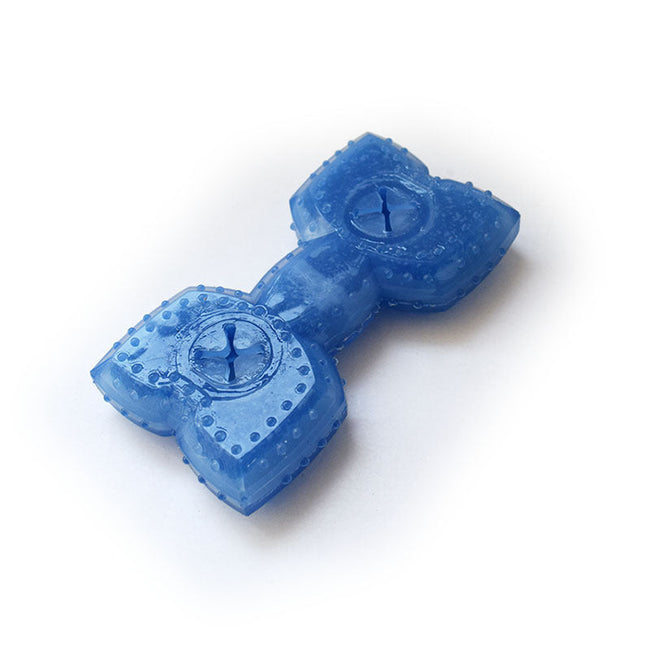 Blue dog cooling chew toy barbell type for teething and summer relief.