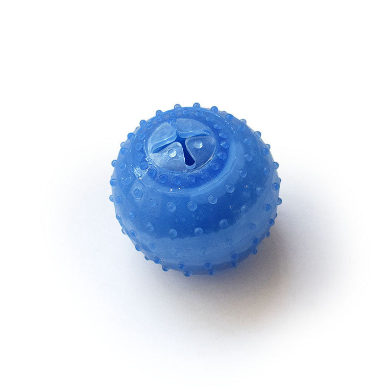 Dog cooling toy in blue ball shape for puppy teething relief and summer play.