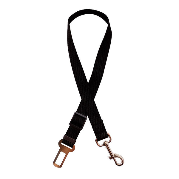 Adjustable pet car seat belt with sturdy metal clips, black nylon fabric, for dog and cat safety in vehicles.