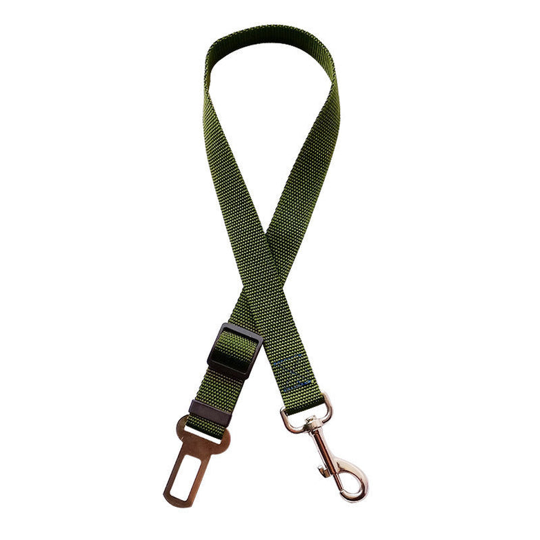 Adjustable pet cat dog car seat belt in army green, featuring a durable nylon strap with metal clip and buckle.