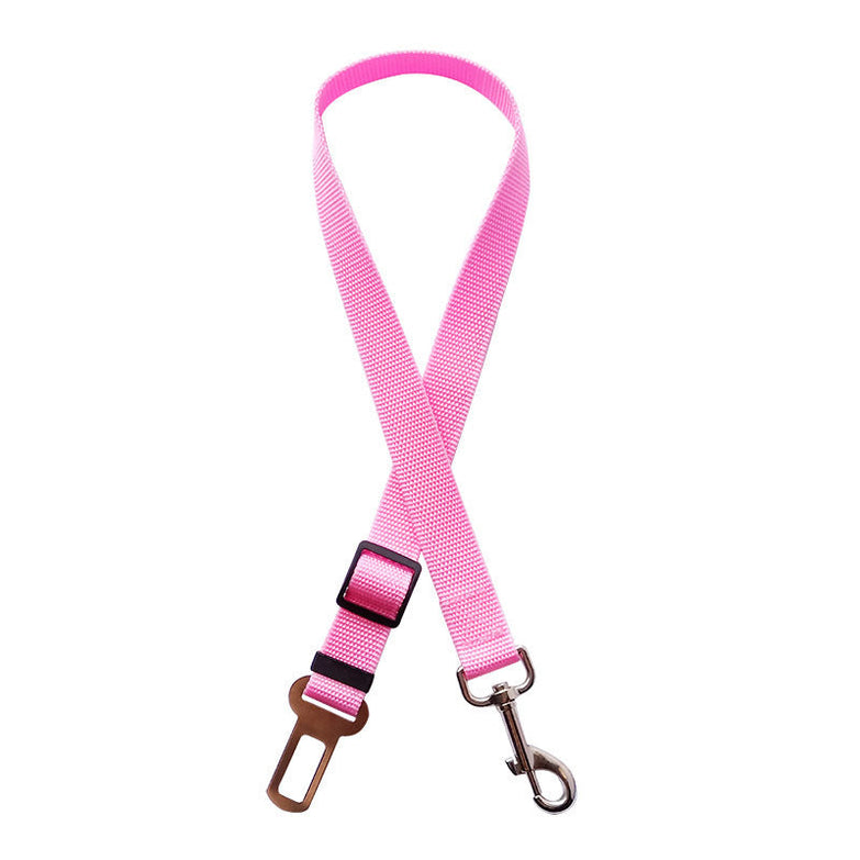 Adjustable pink pet car seat belt for cats and dogs with metal clip.