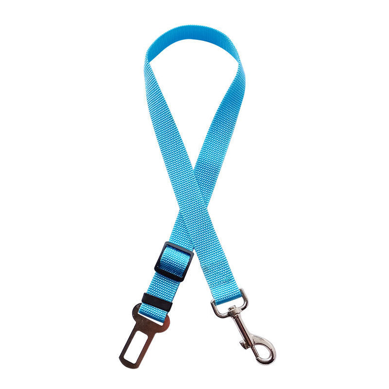 Adjustable pet cat dog car seat belt in sky blue with swivel snap and metal buckles for safety.