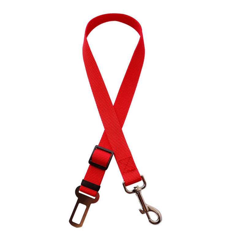 Red adjustable pet cat dog car seat belt with metal clip.