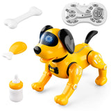 Smart remote control robot dog toy in yellow with feeding accessories and remote control for kids.