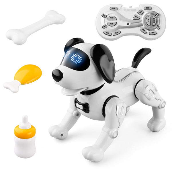 Smart remote control robot dog toy with accessories for children.