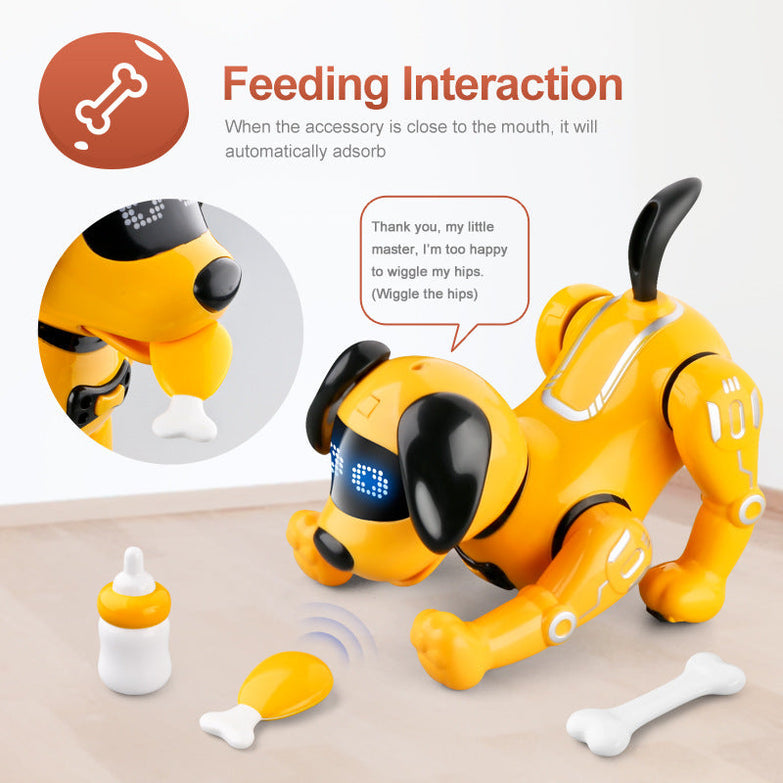 Smart remote control robot dog with feeding interaction feature for children's education and entertainment.