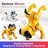 Smart remote control robot dog toy for kids, featuring interactive singing, dancing, and puzzle functions.