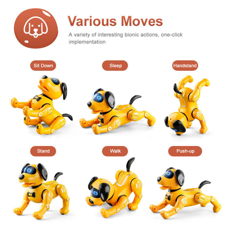 Smart remote control robot dog with bionic actions and interactive features for children.