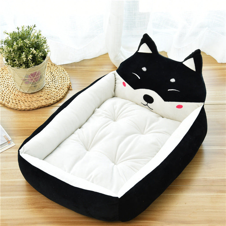 Large pet cat dog bed in soft fleece with cartoon design, suitable for cats and dogs.