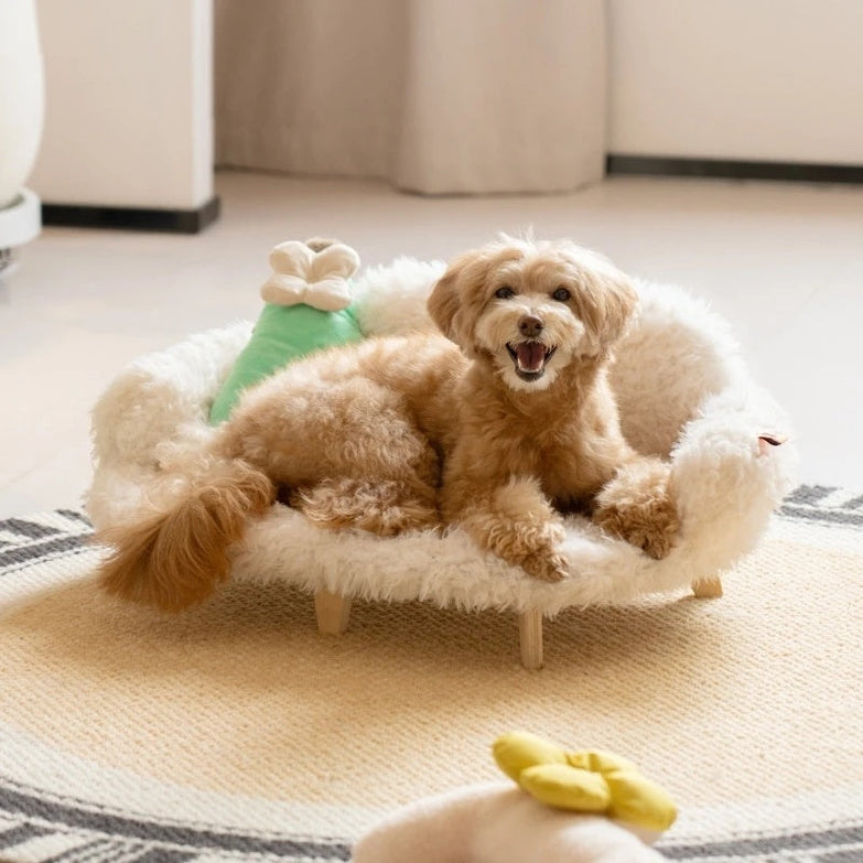 Small dog on a plush white wooden pet bed with a cozy design.