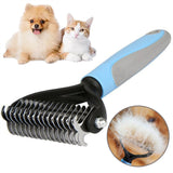 Grooming brush for pets with dual-sided design for deshedding and dematting, suitable for dogs and cats.