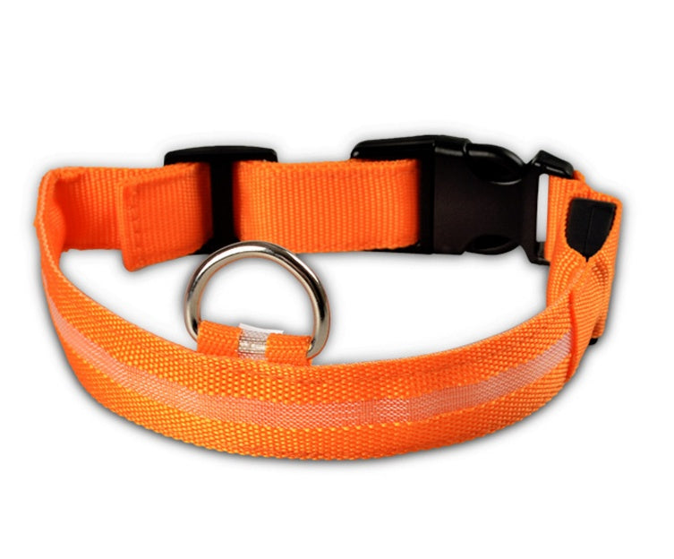 Orange nylon LED pet dog collar with buckle, suitable for night safety and pet visibility.