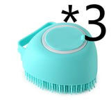 Silicone dog bath massage glove brush for pet grooming and shampoo dispensing.