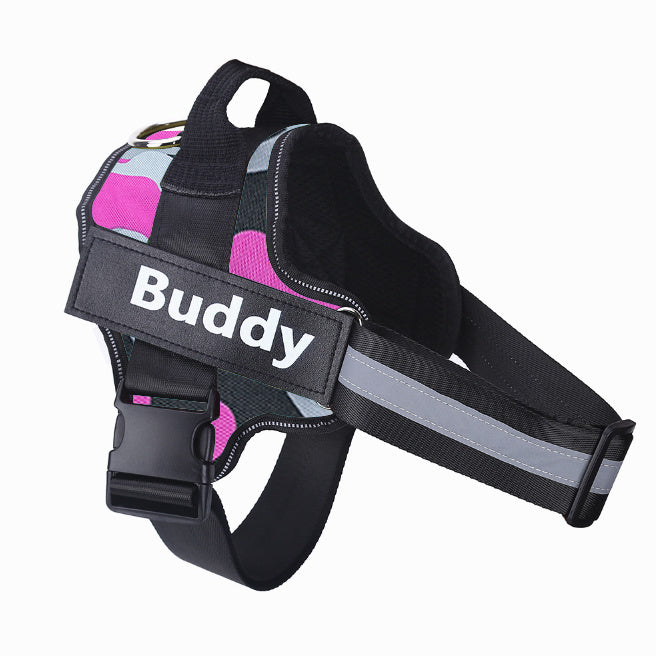 Reflective breathable personalized dog harness with custom patch and adjustable straps.