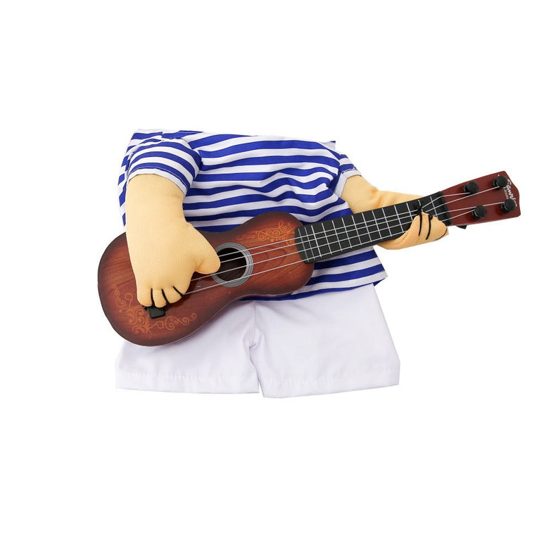 Pet dog guitarist dress with striped shirt and guitar.