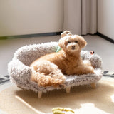 Wooden pet bed for dogs and cats with fluffy cushion, luxury pet safety bed in gentle milky white.