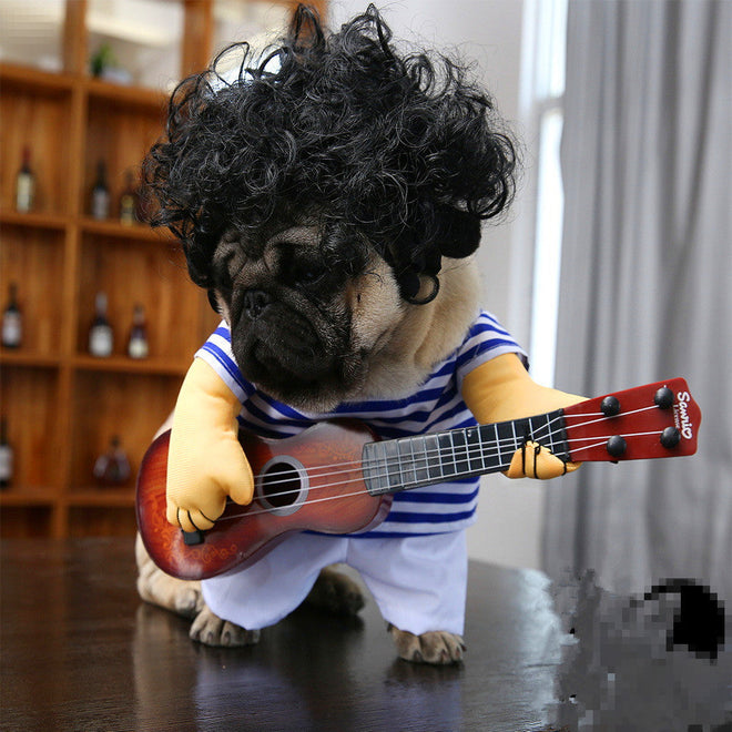 Pet dog dressed as guitarist in cotton outfit with striped shirt and wig.