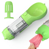 Portable pet water bottle with feeder bowl and garbage bag storage, ideal for outdoor travel.