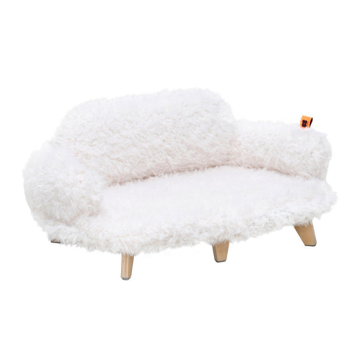 Wooden pet bed with soft white velvet cover and wooden legs for cats and small dogs.