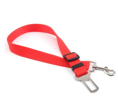 Fixed strap polyester dog leash, red adjustable seatbelt attachment.