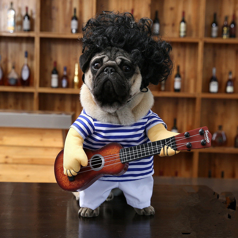 Pet dog dressed as a guitarist with wig and toy guitar.